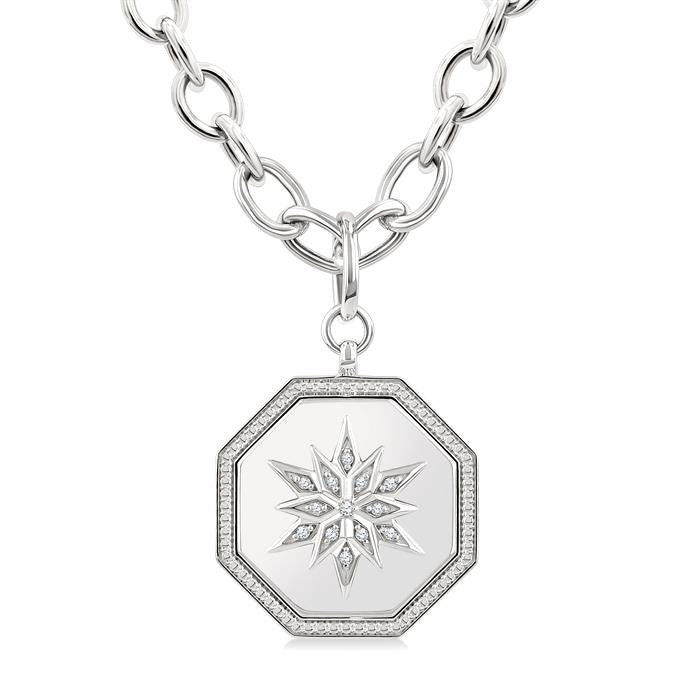 1/20 Ctw Octagon Shape medallion Round Cut Diamond Star Pendant With Chain in Sterling Silver
