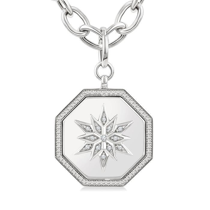 1/20 Ctw Octagon Shape medallion Round Cut Diamond Star Pendant With Chain in Sterling Silver