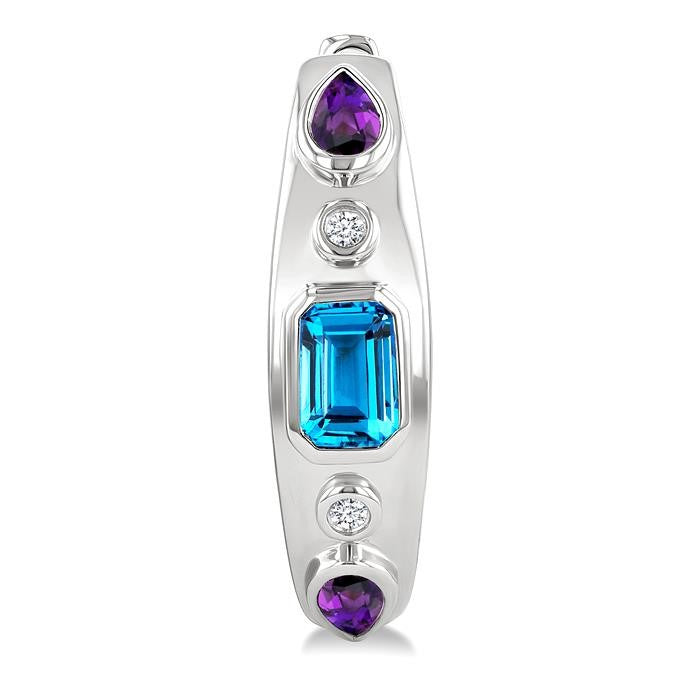 6X4 MM Octagon Shape Blue Topaz & 5X3 MM Pear Shape Amethyst and 1/10 Ctw Round Cut Diamond Semi-Precious Earrings in Sterling Silver