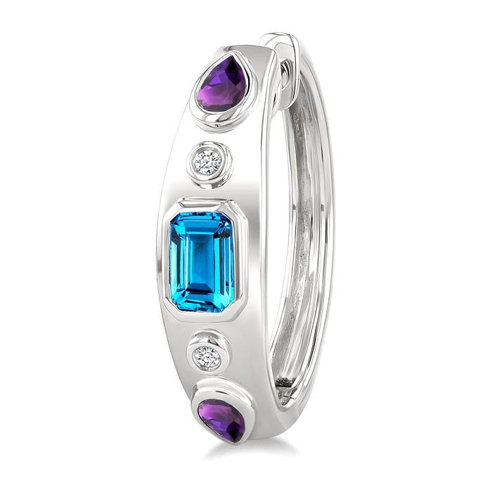 6X4 MM Octagon Shape Blue Topaz & 5X3 MM Pear Shape Amethyst and 1/10 Ctw Round Cut Diamond Semi-Precious Earrings in Sterling Silver