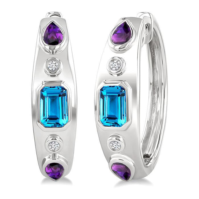 Silver Mixed Shape Gemstone & Diamond Hoop Earrings
