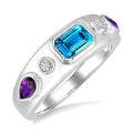 6x4 MM Octagon Shape Blue Topaz & 5x3 MM Pear Shape Amethyst and 1/20 Ctw Round Cut Diamond Semi-Precious Ring in Sterling Silver