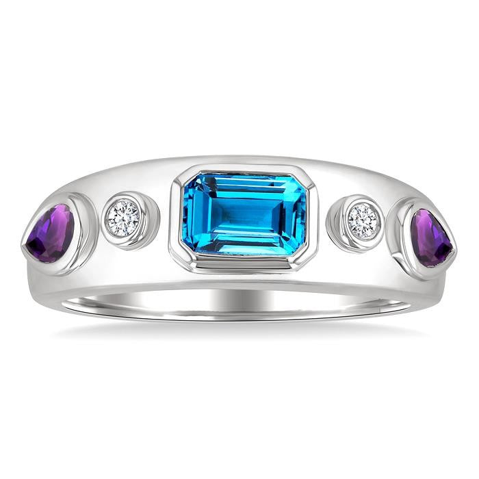 6x4 MM Octagon Shape Blue Topaz & 5x3 MM Pear Shape Amethyst and 1/20 Ctw Round Cut Diamond Semi-Precious Ring in Sterling Silver