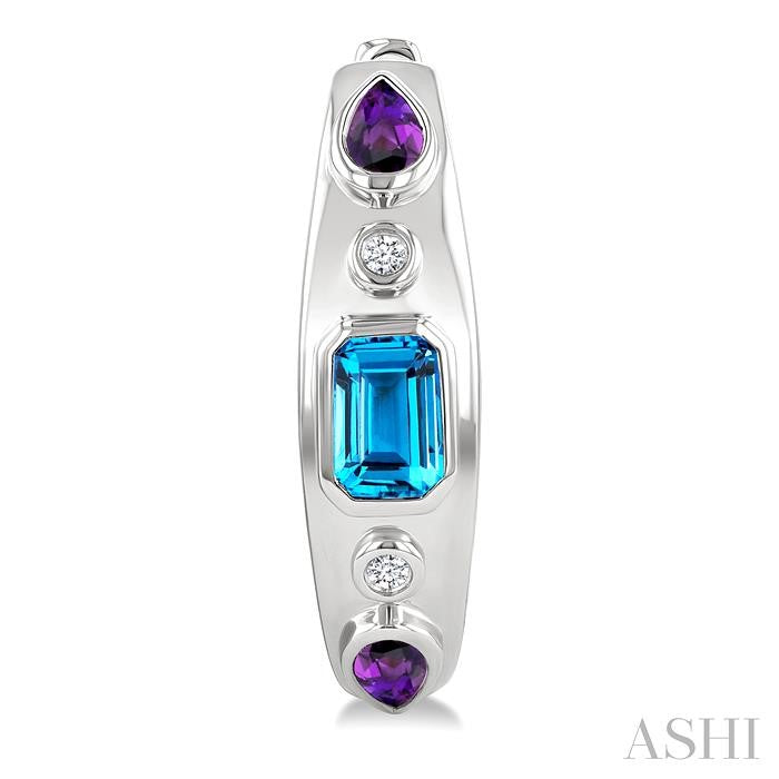 6X4 MM Octagon Shape Blue Topaz & 5X3 MM Pear Shape Amethyst and 1/10 Ctw Round Cut Diamond Semi-Precious Earrings in Sterling Silver