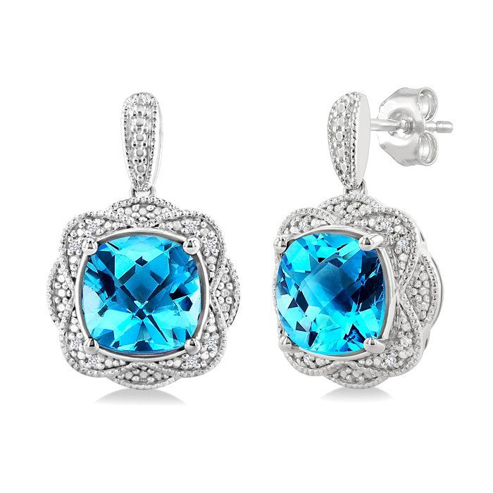 8X8 MM Cushion Shape Blue Topaz and 1/20 Ctw Round Cut Diamond Semi-Precious Earrings in Sterling Silver