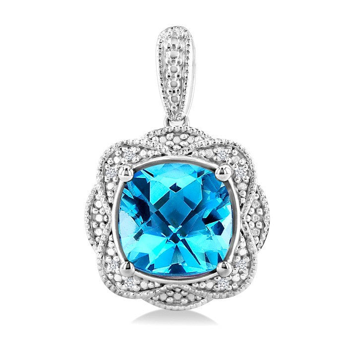 8X8 MM Cushion Shape Blue Topaz and 1/20 Ctw Round Cut Diamond Semi-Precious Earrings in Sterling Silver