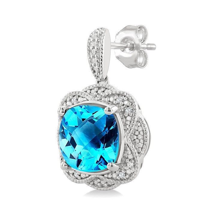 8X8 MM Cushion Shape Blue Topaz and 1/20 Ctw Round Cut Diamond Semi-Precious Earrings in Sterling Silver