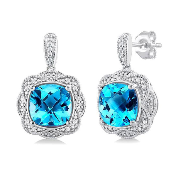 8X8 MM Cushion Shape Blue Topaz and 1/20 Ctw Round Cut Diamond Semi-Precious Earrings in Sterling Silver