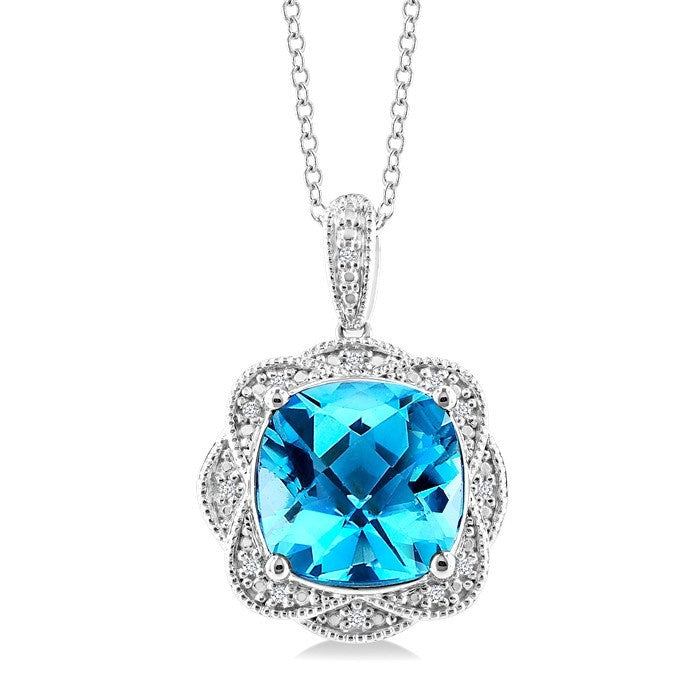 10X10 MM Cushion Shape Blue Topaz and 1/20 Ctw Round Cut Diamond Semi-Precious Pendant With Chain in Sterling Silver