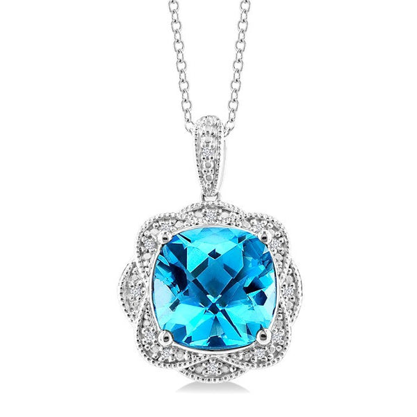 10X10 MM Cushion Shape Blue Topaz and 1/20 Ctw Round Cut Diamond Semi-Precious Pendant With Chain in Sterling Silver