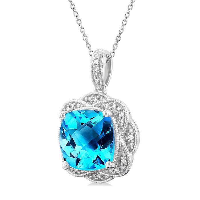 10X10 MM Cushion Shape Blue Topaz and 1/20 Ctw Round Cut Diamond Semi-Precious Pendant With Chain in Sterling Silver