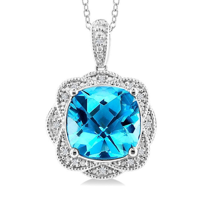 10X10 MM Cushion Shape Blue Topaz and 1/20 Ctw Round Cut Diamond Semi-Precious Pendant With Chain in Sterling Silver