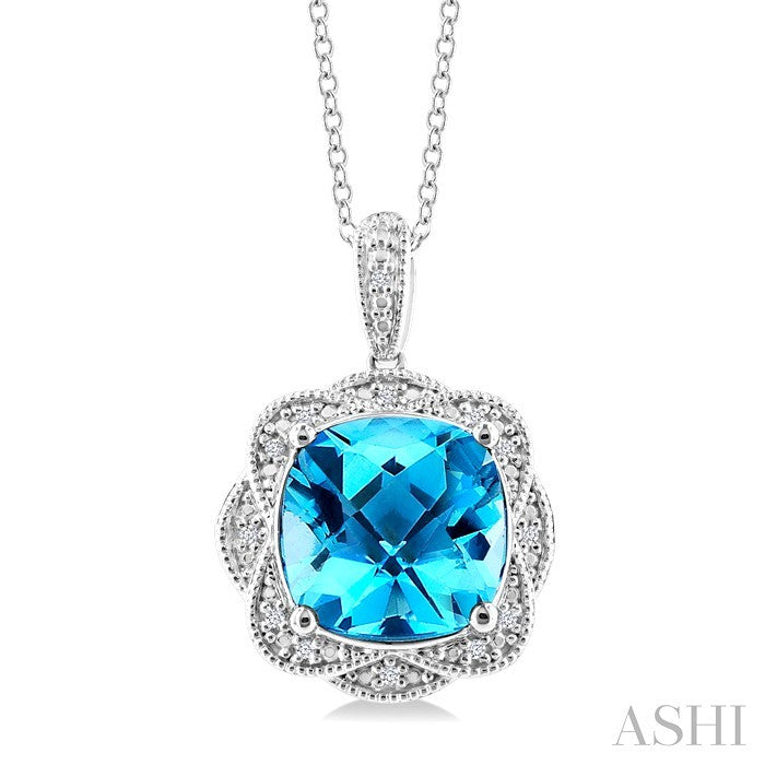 10X10 MM Cushion Shape Blue Topaz and 1/20 Ctw Round Cut Diamond Semi-Precious Pendant With Chain in Sterling Silver
