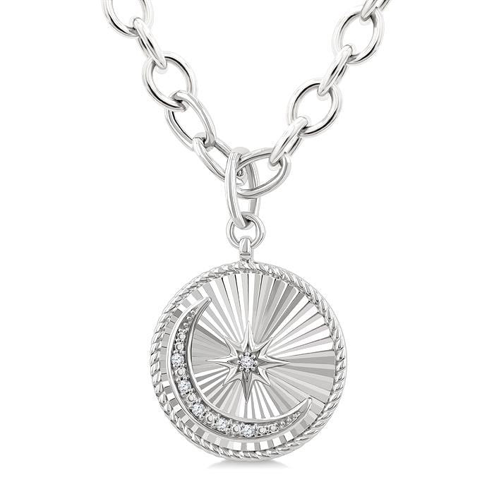 Silver Circle Moon & Star Fluted Medallion Diamond Pendant