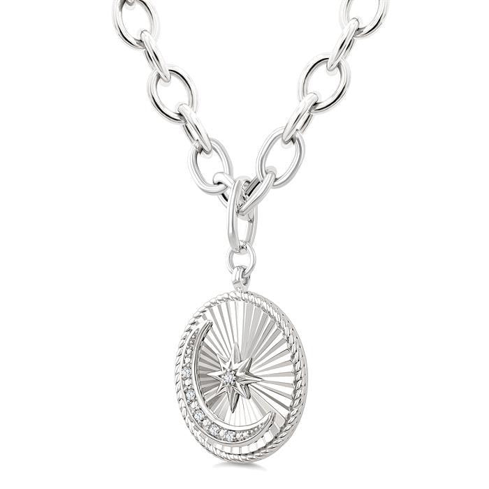 Silver Circle Moon & Star Fluted Medallion Diamond Pendant