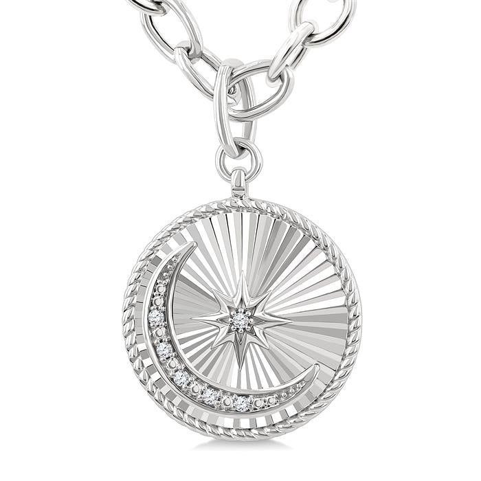 Silver Circle Moon & Star Fluted Medallion Diamond Pendant