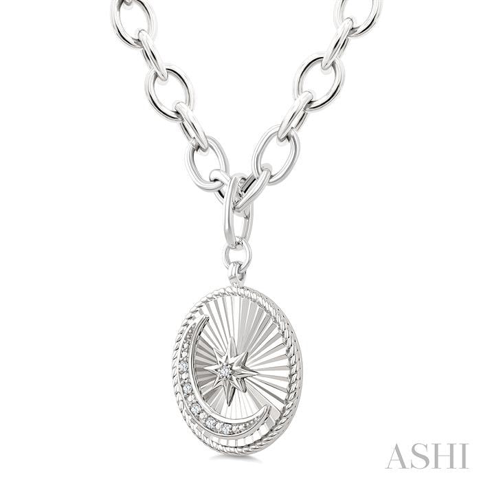 1/20 Ctw Circle Fluted Medallion Round Cut Diamond Pirouette Moon & Star Fashion Pendant With Chain in Sterling Silver