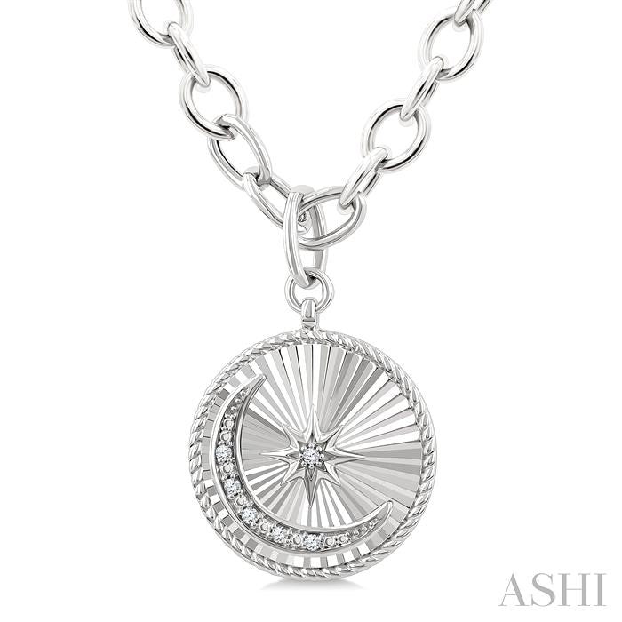 1/20 Ctw Circle Fluted Medallion Round Cut Diamond Pirouette Moon & Star Fashion Pendant With Chain in Sterling Silver