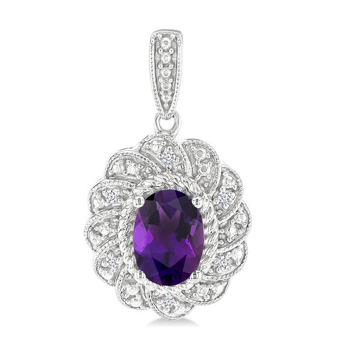7X5 MM Oval Cut Amethyst and 1/20 Ctw Round Cut Diamond Semi-Precious Earrings in Sterling Silver