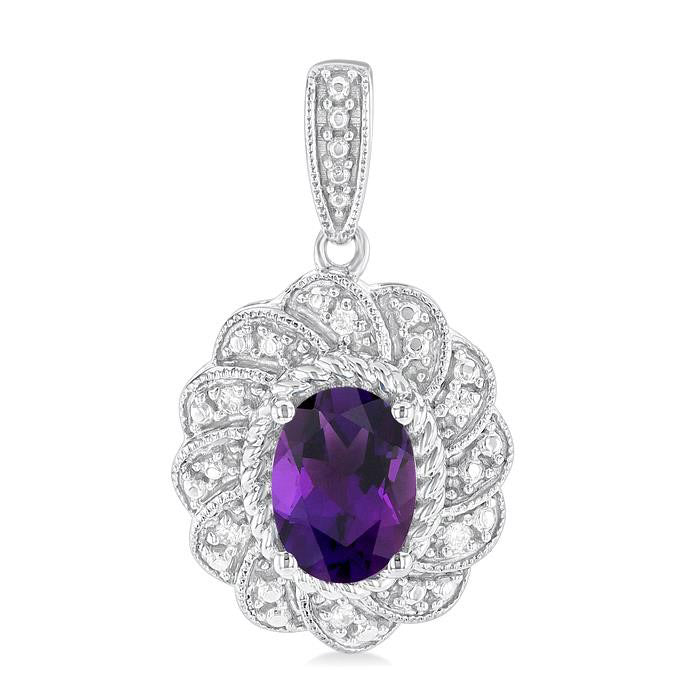 Silver Oval Shape Gemstone & Diamond Earrings