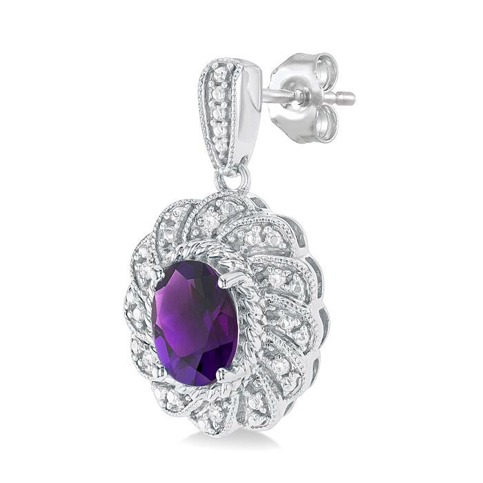 Silver Oval Shape Gemstone & Diamond Earrings