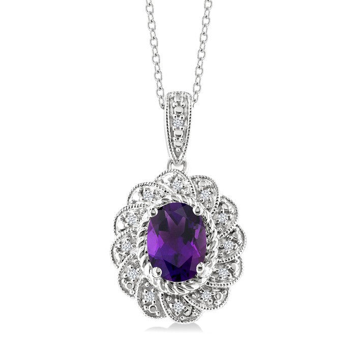 8X6 MM Oval Cut Amethyst and 1/20 Ctw Round Cut Diamond Semi-Precious Pendant With Chain in Sterling Silver