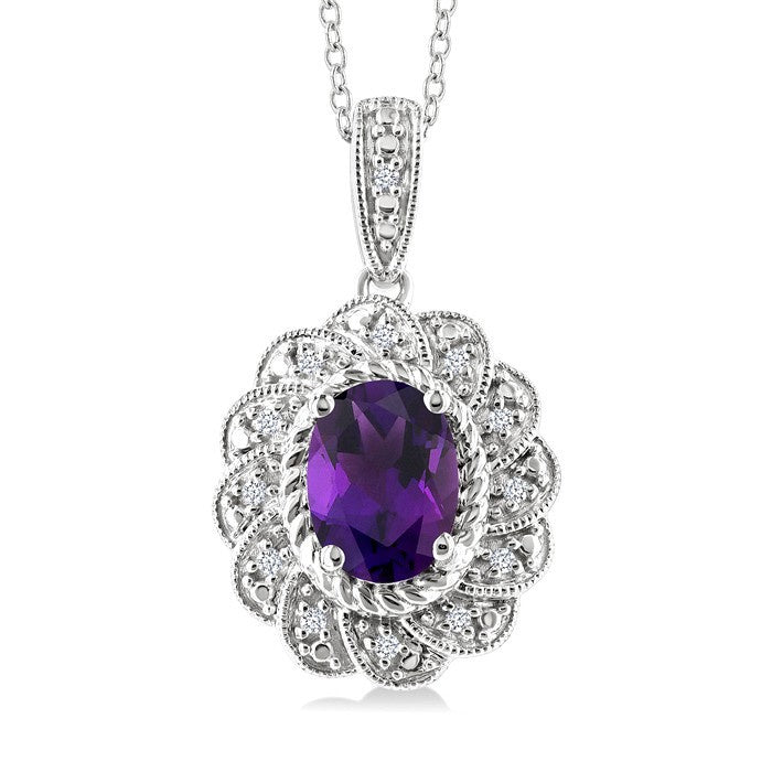 8X6 MM Oval Cut Amethyst and 1/20 Ctw Round Cut Diamond Semi-Precious Pendant With Chain in Sterling Silver