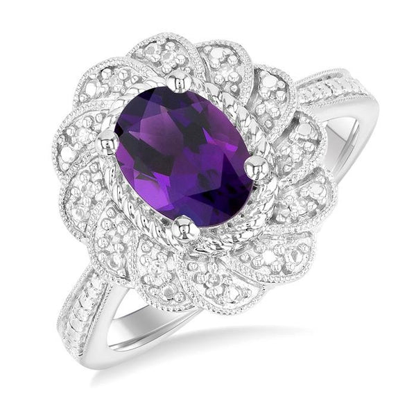 1/20 Ctw Oval Cut 8X6 MM Amethyst and Round Cut Diamond Semi-Precious Ring in Sterling Silver