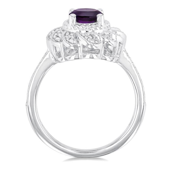 1/20 Ctw Oval Cut 8X6 MM Amethyst and Round Cut Diamond Semi-Precious Ring in Sterling Silver