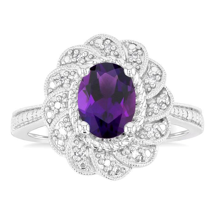 Silver Oval Shape Gemstone & Diamond Ring