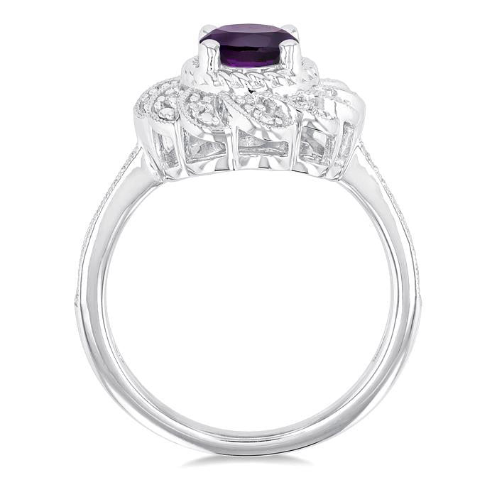 Silver Oval Shape Gemstone & Diamond Ring