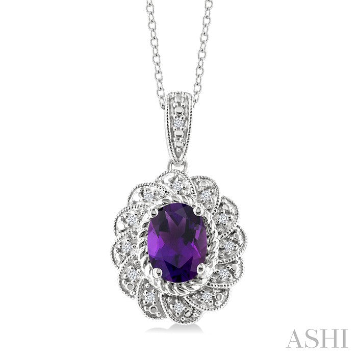 8X6 MM Oval Cut Amethyst and 1/20 Ctw Round Cut Diamond Semi-Precious Pendant With Chain in Sterling Silver