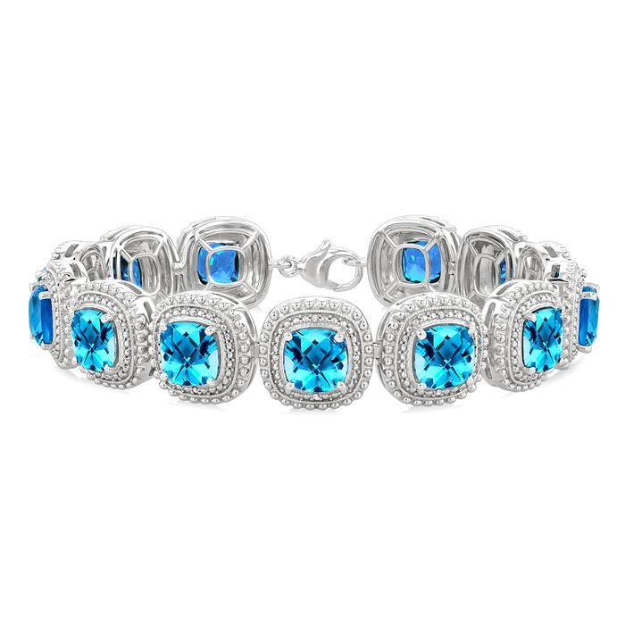 7 MM Oval Shape Blue Topaz and 1/10 Ctw Round Cut Diamond Semi-Precious Bracelet in Sterling Silver