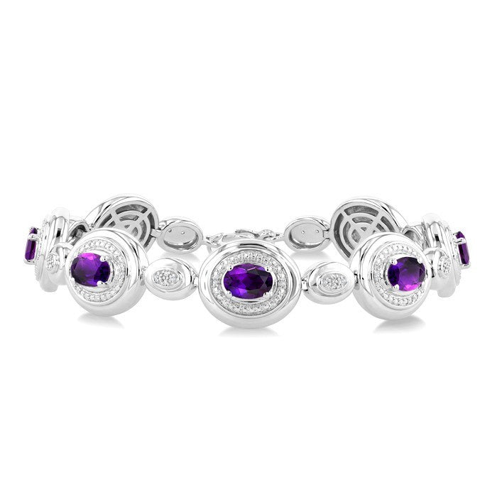 7X5 MM Oval Shape Amethyst and 1/10 Ctw Round Cut Diamond Bold Bracelet in Sterling Silver
