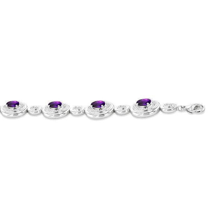 7X5 MM Oval Shape Amethyst and 1/10 Ctw Round Cut Diamond Bold Bracelet in Sterling Silver