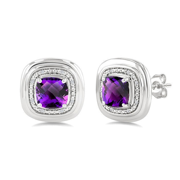 6 MM Cushion Shape Amethyst and 1/20 Ctw Round Cut Diamond Bold Semi-Precious Earrings in Sterling Silver