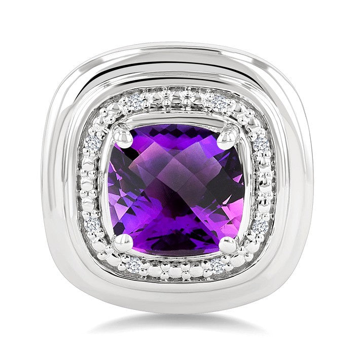 6 MM Cushion Shape Amethyst and 1/20 Ctw Round Cut Diamond Bold Semi-Precious Earrings in Sterling Silver