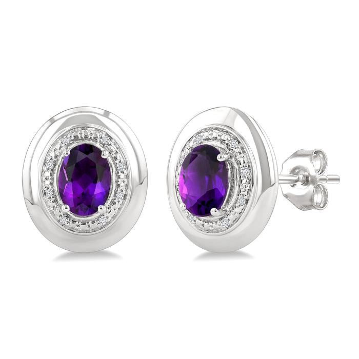 7X5 MM Oval Shape Amethyst and 1/20 Ctw Round Cut Diamond Semi-Precious Earrings in Sterling Silver