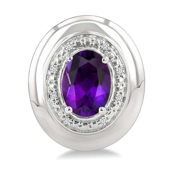 7X5 MM Oval Shape Amethyst and 1/20 Ctw Round Cut Diamond Semi-Precious Earrings in Sterling Silver