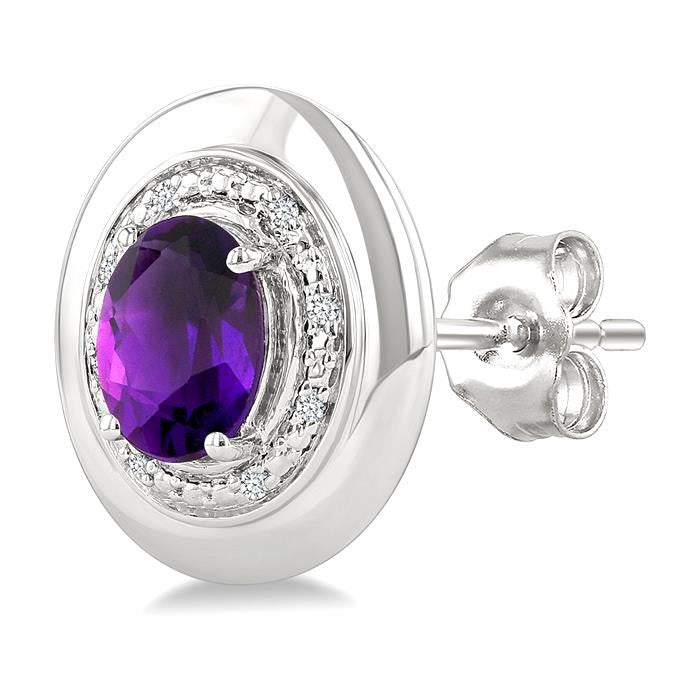 7X5 MM Oval Shape Amethyst and 1/20 Ctw Round Cut Diamond Semi-Precious Earrings in Sterling Silver