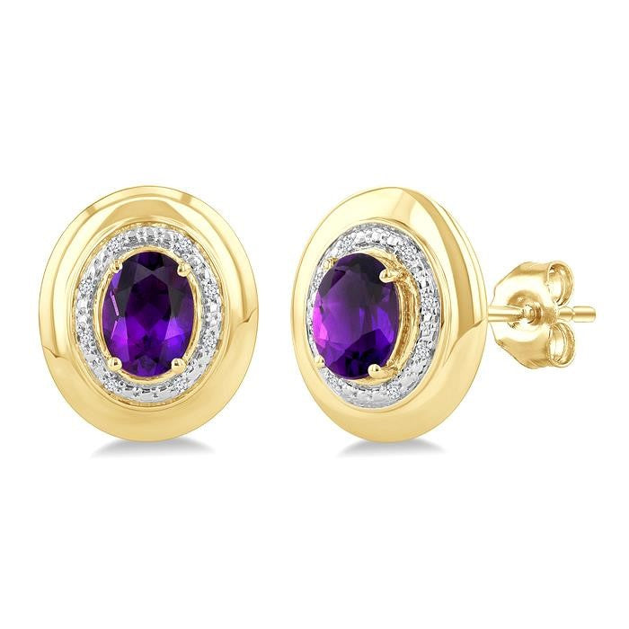 7X5 MM Oval Shape Amethyst and 1/20 Ctw Round Cut Diamond Semi-Precious Earrings in Yellow Gold Vermeil