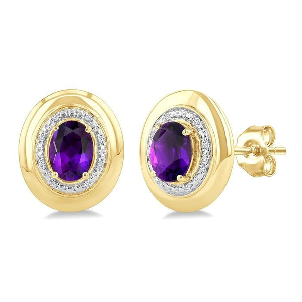7X5 MM Oval Shape Amethyst and 1/20 Ctw Round Cut Diamond Semi-Precious Earrings in Yellow Gold Vermeil