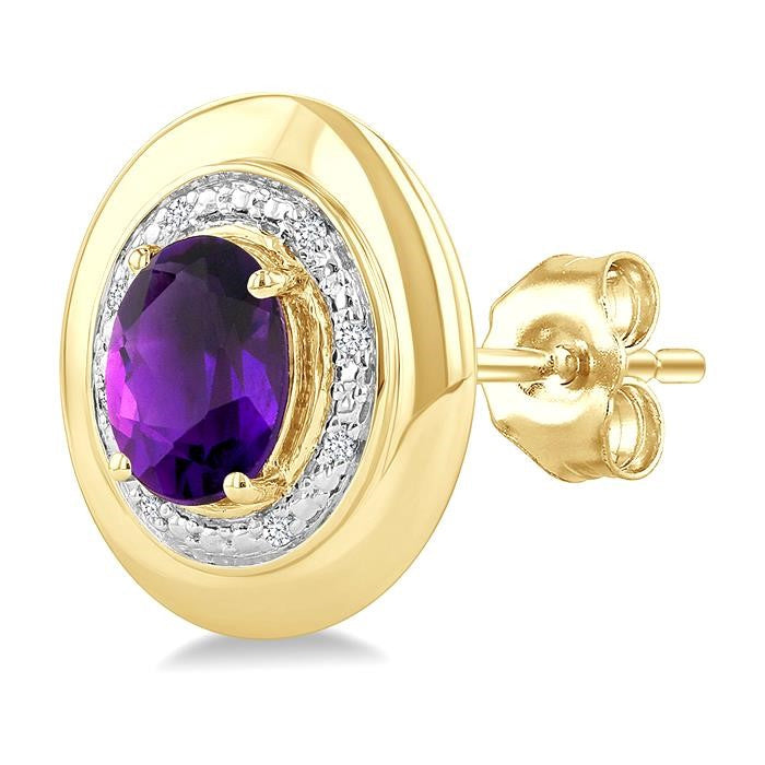 7X5 MM Oval Shape Amethyst and 1/20 Ctw Round Cut Diamond Semi-Precious Earrings in Yellow Gold Vermeil
