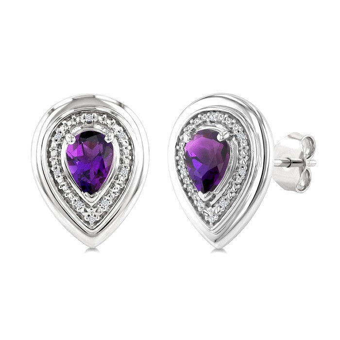 7X5 MM Pear Cut Amethyst and 1/20 Ctw Round Cut Diamond Semi-Precious Bold Earrings in Sterling Silver