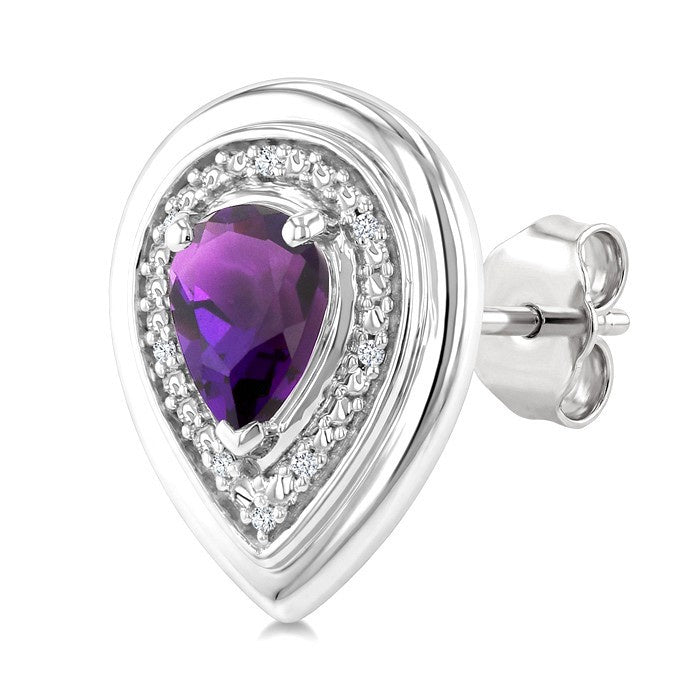 7X5 MM Pear Cut Amethyst and 1/20 Ctw Round Cut Diamond Semi-Precious Bold Earrings in Sterling Silver