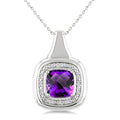8 MM Cushion Shape Amethyst and 1/20 Ctw Round Cut Diamond Bold Semi-Precious Pendant With Chain in Sterling Silver