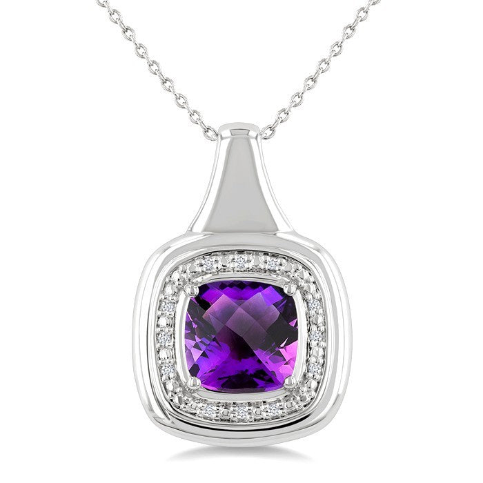 8 MM Cushion Shape Amethyst and 1/20 Ctw Round Cut Diamond Bold Semi-Precious Pendant With Chain in Sterling Silver