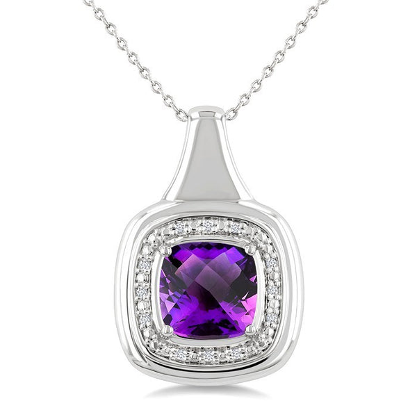 8 MM Cushion Shape Amethyst and 1/20 Ctw Round Cut Diamond Bold Semi-Precious Pendant With Chain in Sterling Silver
