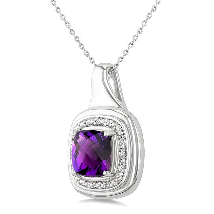 8 MM Cushion Shape Amethyst and 1/20 Ctw Round Cut Diamond Bold Semi-Precious Pendant With Chain in Sterling Silver