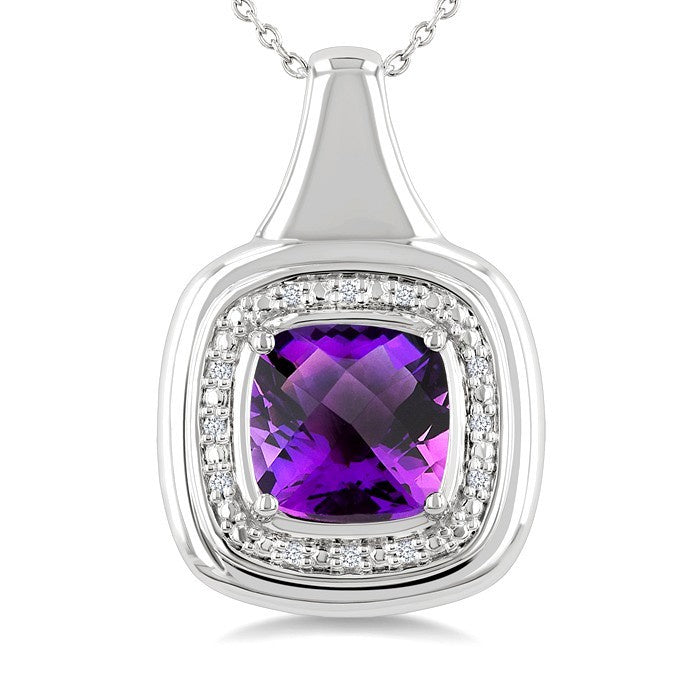 8 MM Cushion Shape Amethyst and 1/20 Ctw Round Cut Diamond Bold Semi-Precious Pendant With Chain in Sterling Silver